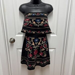 Black Embroidered Strapless Crop Top & Skirt Set Floral Boho Festival‎ Size S